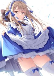 Rule 34 | 1girl, apron, black bow, blue dress, bow, braid, brown eyes, brown hair, clothes lift, commentary request, dress, dress lift, french braid, frilled hairband, frills, hair bow, hairband, headdress, highres, ina (inadahime), looking at viewer, maid, maid apron, maid headdress, name tag, open mouth, original, panties, pantyshot, simple background, solo, thighhighs, tsubaki-chan (ina (inadahime)), underwear, white background, white panties, white thighhighs