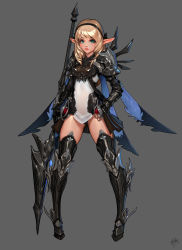 Rule 34 | 1girl, absurdres, aqua eyes, armor, armored boots, black background, black ribbon, blonde hair, boots, commentary, dae jun park, full body, gauntlets, hair ribbon, hand on own hip, highres, holding, holding spear, holding weapon, knight, legs apart, long hair, long pointy ears, original, parted lips, pauldrons, pointy ears, polearm, ribbon, shoulder armor, simple background, solo, spear, standing, weapon