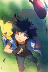 Rule 34 | 1boy, animal, animal on shoulder, ash ketchum, baseball cap, brown eyes, creatures (company), facial mark, from above, game freak, gen 1 pokemon, grass, hat, jacket, looking up, male focus, melso, nintendo, pikachu, pokemon, pokemon (anime), pokemon (creature), pokemon the movie: the power of us, shoes, short sleeves, sneakers, twitter username, whisker markings