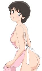 Rule 34 | 1girl, :d, apron, ass, black hair, blush, breasts, brown eyes, brown hair, cowboy shot, female focus, from side, highres, looking at viewer, maison ikkoku, medium breasts, naked apron, nanao kozue, no panties, open mouth, pink apron, retro artstyle, short hair, simple background, smile, solo, tsukiyo no ribbon, white background
