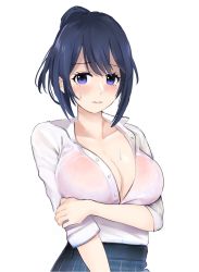 Rule 34 | 10s, 1girl, black hair, blue eyes, blue hair, blush, bra, breast hold, breasts, cleavage, collarbone, female focus, highres, koi to uso, large breasts, looking at viewer, ponytail, red bra, see-through, shirt, short hair, short ponytail, simple background, skirt, solo, standing, sweat, takasaki misaki (koi to uso), underwear, upper body, white background, white shirt, yoico
