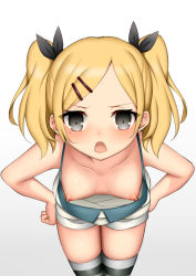 Rule 34 | 1girl, bare arms, bare shoulders, black ribbon, blonde hair, blush, breasts, cowboy shot, downblouse, eyes visible through hair, hair ornament, hair ribbon, hairclip, leaning forward, legs together, looking at viewer, mole, mole under eye, nipples, open mouth, ribbon, shirobako, simple background, small breasts, solo, standing, striped clothes, striped thighhighs, thighhighs, toshishikisai, twintails, white background, yano erika