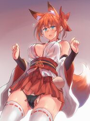 Rule 34 | 1girl, animal ears, aqua eyes, bare shoulders, black thighhighs, blush, breasts, clothing cutout, detached sleeves, disembodied hand, fox ears, fox girl, fox tail, hair ornament, hand in panties, large breasts, miniskirt, nontraditional miko, orange hair, original, panties, red skirt, ribbon-trimmed thighhighs, ribbon trim, sawaya (mizukazu), skirt, tail, thighhighs, underwear