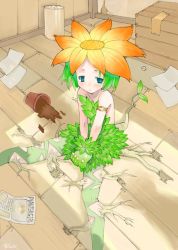 Rule 34 | 1girl, flower, flower on head, flower pot, green eyes, green hair, hamamoto ryuusuke, leaf, matching hair/eyes, monster girl, original, plant girl, plant roots, signature, solo