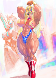 Rule 34 | 1girl, abs, armpits, biceps, blonde hair, breasts, female focus, highres, lady liberty, large breasts, long hair, muscular, muscular female, solo, thick thighs, thighs, ukatsu juuzou