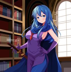 Rule 34 | 1girl, absurdres, alternate costume, blue eyes, blue hair, blue pantyhose, blue scarf, blush, book, bookshelf, breasts, caeda (fire emblem), clothing cutout, commentary, commission, commissioner name, dress, english commentary, fire emblem, fire emblem: mystery of the emblem, fire emblem: shadow dragon, gloves, hand on own hip, highres, indoors, long hair, looking at viewer, marion (marionette ink), medium breasts, nintendo, pantyhose, purple dress, purple gloves, scar, scarf, sheath, sheathed, shelf, side cutout, side slit, sideboob, smile, sword, twitter username, weapon