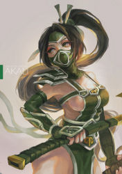 Rule 34 | 1girl, akali, akali (legacy), arm guards, armor, asymmetrical armor, breasts, brown hair, character name, chinese clothes, cleavage, commentary, cowboy shot, dual wielding, elbow gloves, english text, eyelashes, eyeliner, fingerless gloves, forehead protector, gloves, green armor, green eyes, grey background, hair ornament, hair ribbon, high ponytail, holding, holding weapon, jpeg artifacts, kama (weapon), large breasts, league of legends, long hair, looking away, looking to the side, makeup, mask, mouth mask, painting (medium), parted bangs, ribbon, shoulder guard, sickle, solo, traditional media, weapon, wrist guards, youlu