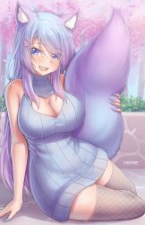 Rule 34 | 1girl, absurdres, animal ears, bad id, bad pixiv id, bare shoulders, blush, breasts, bush, cherry blossoms, cleavage, eyes visible through hair, fang, fox ears, fox girl, fox tail, hair ornament, highres, hungrydurp, large breasts, leggings, long hair, multicolored hair, nail polish, open mouth, shadow, signature, silvervale, sitting, solo, sweater, tail, thighs, tree, virtual youtuber, vshojo