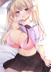 Rule 34 | 1girl, arm support, bed sheet, black skirt, blonde hair, blush, bra, breasts, cleavage, clothes lift, commentary request, drop.b, fang, hair ribbon, highres, lace, lace-trimmed bra, lace trim, large breasts, lifted by self, long hair, looking at viewer, navel, on bed, original, pink bra, pleated skirt, purple eyes, purple shirt, ribbon, school uniform, serafuku, shirt, shirt lift, short sleeves, sitting, skin fang, skirt, smile, solo, twintails, underwear, uniform