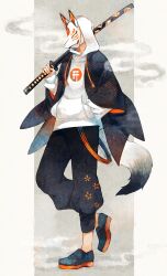 Rule 34 | 1boy, absurdres, black pants, floral print, fox mask, fox tail, full body, hand in pocket, haori, highres, holding, holding sword, holding weapon, hood, hood up, hoodie, japanese clothes, leg up, long sleeves, mask, original, pants, sanshichi fu, seigaiha, smoke trail, solo, standing, standing on one leg, sword, tail, weapon, white hoodie, wide sleeves