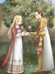 Rule 34 | 1boy, 1girl, armor, blonde hair, braid, breasts, brick wall, brown eyes, brown hair, cape, couple, delita heiral, dress, elbow pads, final fantasy, final fantasy tactics, flower, full body, giving flower, grass, hetero, highres, holding, holding flower, king, lens flare, long hair, nose, ovelia atkascha, queen, red cape, red flower, red rose, rose, shadow, small breasts, smile, soosupaan, tree, white cape, white dress, yellow armor