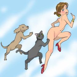 Rule 34 | 1girl, breasts, brown hair, cat, dog, flat chest, go-ney (pixiv21067714), high heels, nude, small breasts, tagme, thighs, walking, what