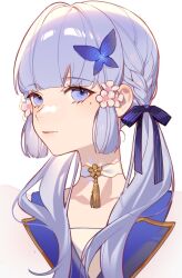 Rule 34 | 1girl, ayaka (genshin impact), blue bow, blue dress, blue eyes, blue hair, blunt ends, blush, bow, braid, brown flower, butterfly hair ornament, butterfly wings, choker, closed mouth, collarbone, dress, flower, flower necklace, genshin impact, hair bow, hair flower, hair ornament, highres, insect wings, jesse (pixiv34586727), jewelry, kamisato ayaka, kamisato ayaka (springbloom missive), long hair, looking away, mole, mole under eye, necklace, no headwear, official alternate costume, official alternate hairstyle, pink flower, ponytail, portrait, short sleeves, sidelocks, simple background, smile, solo, striped, striped bow, tassel, two-tone dress, upper body, white background, white choker, white dress, wing collar, wings