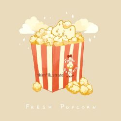 Rule 34 | artist name, cat, cloud, english text, food, food focus, nadia kim, no humans, original, popcorn, simple background, sparkle, star (symbol), striped, white cat, yellow background