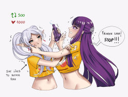 Rule 34 | 2girls, :t, alternate costume, angry, blunt bangs, clenched teeth, collarbone, commentary request, crop top, cropped torso, earrings, emoji, empty eyes, fern (sousou no frieren), flushed face emoji, flushed face emoji shirt (meme), frieren, from side, grey background, grey hair, groin, half-closed eyes, half updo, heart, jewelry, like and retweet, long hair, meme, midriff, multiple girls, navel, pointy ears, profile, purple eyes, purple hair, ryuuneart, shaded face, shirt, short sleeves, sousou no frieren, speech bubble, stomach, straight hair, teeth, torn clothes, torn shirt, twintails, upper body, very long hair, yellow shirt