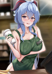 Rule 34 | 1girl, absurdres, ahoge, apron, banana, bare shoulders, barista, blue hair, blush, bottomless, breasts, cleavage, collarbone, cup, disposable cup, food, fruit, ganyu (genshin impact), genshin impact, green apron, highres, horns, iced latte with breast milk (meme), large breasts, long hair, looking at viewer, meme, naked apron, open mouth, purple eyes, skai kun, smile, solo, topless