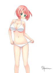 Rule 34 | 1girl, adjusting clothes, adjusting swimsuit, aposine, artist name, bikini, breasts, cleavage, collarbone, eyes visible through hair, female focus, green eyes, highres, konoka (aposine), large breasts, looking down, navel, open mouth, original, pink hair, shiny skin, short hair, signature, simple background, smile, solo, standing, swimsuit, text focus, white background, white bikini