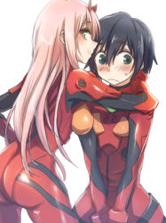 Rule 34 | 10s, 1boy, 1girl, ass, black hair, blue eyes, blush, bodysuit, breasts, commentary request, cosplay, couple, darling in the franxx, evangelion: 3.0 you can (not) redo, green eyes, hand on another&#039;s neck, herozu (xxhrd), hetero, hiro (darling in the franxx), horns, large breasts, long hair, looking back, name connection, neon genesis evangelion, oni horns, pilot suit, pink hair, plugsuit, rebuild of evangelion, red bodysuit, red horns, short hair, souryuu asuka langley, souryuu asuka langley (cosplay), sweatdrop, zero two (darling in the franxx)