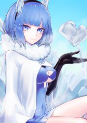 Rule 34 | 1girl, animal ears, blue background, blue dress, blue eyes, blue hair, breasts, closed mouth, coat, dress, expressionless, fake animal ears, fire emblem, fire emblem heroes, hairband, heart-shaped gem, highres, ice, long hair, medium breasts, nifl (fire emblem), nintendo, sitting, solo, sparkle, toso ztak, upper body, white coat