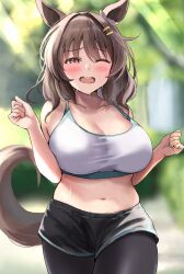 Rule 34 | 1girl, animal ears, belly, blurry, blurry background, blush, breasts, brown eyes, brown hair, cowboy shot, day, fingernails, furrowed brow, girly running, gym shorts, half-closed eye, hand up, highres, horse ears, horse girl, horse tail, large breasts, leggings, light hello (umamusume), long hair, navel, open mouth, outdoors, plump, running, sg (esujii), shorts, skindentation, solo, sports bra, sportswear, stomach, sweat, tail, umamusume