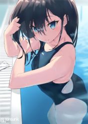 Rule 34 | 1girl, black hair, black one-piece swimsuit, blue eyes, collarbone, commentary request, competition swimsuit, cowboy shot, gridman universe, highres, jonsun, long hair, looking at viewer, one-piece swimsuit, partially submerged, pool, poolside, solo, ssss.gridman, swim cap, unworn swim cap, swimsuit, takarada rikka, twitter username, water