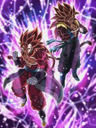 Rule 34 | 2boys, absurdres, blue eyes, boots, brown fur, brown hair, dragon ball, dragon ball heroes, earrings, gloves, gogeta, gogeta (xeno), highres, jewelry, male focus, metamoran vest, monkey tail, multiple boys, muscular, muscular male, potara earrings, red fur, red hair, smile, spiked hair, super full power saiyan 4 limit breaker, super saiyan, super saiyan 4, tail, vegetto, vegetto (xeno), vest, wai (y48754085), white gloves