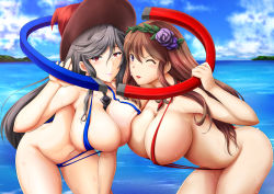 Rule 34 | 10s, 2girls, :d, armpits, ass, beach, bent over, bikini, blush, bol (liliymimi), breast press, breasts, cloud, collarbone, day, flower, granblue fantasy, hair flower, hair ornament, hat, highres, huge breasts, large breasts, lipstick, long hair, looking at viewer, magisa (granblue fantasy), magnet, makeup, multiple girls, navel, ocean, open mouth, rosetta (granblue fantasy), sidelocks, sky, slingshot swimsuit, smile, strap gap, swimsuit, symmetrical docking, water, wet, witch hat