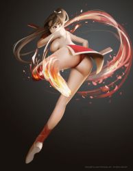 Rule 34 | 1girl, ass, bent over, breasts, brown hair, fatal fury, fire, kicking, large breasts, looking back, ponytail, shiranui mai, snk, solo, the king of fighters, wang song