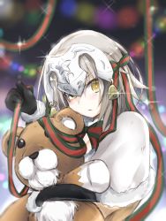 Rule 34 | 1girl, bell, black gloves, commentary request, cowboy shot, fate/grand order, fate (series), gloves, hair ribbon, headpiece, jeanne d&#039;arc (fate), jeanne d&#039;arc (ruler) (fate), jeanne d&#039;arc alter (fate), jeanne d&#039;arc alter santa lily (fate), looking at viewer, one eye covered, ribbon, shirokuma1414, striped ribbon, stuffed animal, stuffed toy, teddy bear, upper body, yellow eyes