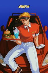 Rule 34 | 1boy, america (hetalia), axis powers hetalia, blonde hair, blue background, blue eyes, burger, carhop, food, french fries, glasses, gloves, highres, holding, holding tray, ice cream, licking lips, lingxi077, looking at viewer, male focus, mini flag, official alternate costume, pants, red pants, roller skates, sitting on car, skates, sundae, tongue, tongue out, tray, visor cap, white gloves, white pants