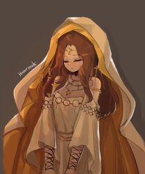 Rule 34 | 1girl, artist name, brown hair, closed eyes, closed mouth, commission, cowboy shot, cross, detached sleeves, dress, dungeon and fighter, fishnet sleeves, fishnets, habit, hwaryeok, jewelry, long hair, necklace, sidelocks, simple background, solo, strapless, strapless dress, white dress