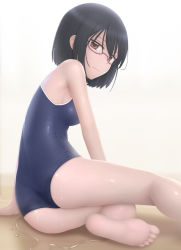 Rule 34 | 10s, 1girl, asobi asobase, ass, barefoot, black-framed eyewear, black hair, blue one-piece swimsuit, blush, breasts, brown eyes, competition school swimsuit, feet, glasses, gradient background, grey background, highres, kneepits, looking at viewer, medium breasts, nomura kasumi, one-piece swimsuit, puddle, school swimsuit, short hair, siraha, sitting, solo, swimsuit, thighs, wet