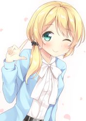 Rule 34 | 1girl, aqua eyes, arm up, bad id, bad pixiv id, belt, blonde hair, blue jacket, blush, buttons, ellen baker, hair over shoulder, hair ribbon, highres, jacket, karutamo, long hair, looking at viewer, low ponytail, new horizon, one eye closed, open clothes, open jacket, petals, pointing, pointing up, ribbon, scrunchie, shirt, simple background, smile, solo