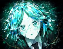 Rule 34 | 1other, absurdres, androgynous, aqua eyes, aqua hair, black necktie, blush, character name, colored eyelashes, commentary, commentary request, cracked skin, crystal hair, english commentary, english text, gem uniform (houseki no kuni), golden arms, highres, houseki no kuni, kity1211 tetsu, looking at viewer, mixed-language commentary, necktie, pale skin, phosphophyllite, short hair, smile, solo, sparkle