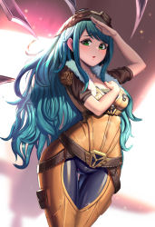 Rule 34 | alternate costume, alternate hair color, aviator cap, aviator irelia, aviator sunglasses, belt, blade, blush, breasts, cleavage, covered navel, fur trim, goggles, goggles on head, green eyes, hand on own chest, highres, irelia, league of legends, long hair, looking at viewer, medium breasts, moonandmist, nail polish, open mouth, pilot suit, red nails, salute, short sleeves, smile, solo, sunglasses, swept bangs, unzipped, very long hair, zipper
