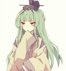 Rule 34 | 1girl, akinomiya asuka, black hat, blunt bangs, closed mouth, commentary request, detached sleeves, green hair, hat, japanese clothes, kariginu, kimono, long hair, mystical power plant, original, purple kimono, red eyes, simple background, sleeves past fingers, sleeves past wrists, solo, suitokuin tenmu, tate eboshi, touhou, upper body, white background