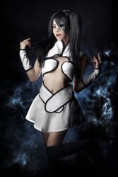 1girl arrancar bare_shoulders black_hair bleach breasts cleavage_cutout clothing_cutout cosplay ebisan_ok hair_over_one_eye hand_in_own_hair highres loly_aivirrne loly_aivirrne_(cosplay) long_bangs long_hair looking_at_viewer model_request one_eye_covered shirt simple_background skirt sleeveless sleeveless_shirt smile solo twintails white_shirt white_skirt