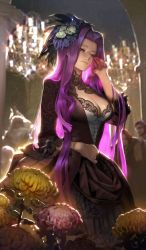 Rule 34 | black dress, breasts, chandelier, cleavage, collar, commentary, corset, craft essence (fate), dress, fate/grand order, fate/stay night, fate (series), flower, frills, hair flower, hair ornament, hand in own hair, hand on own hip, large breasts, long hair, medusa (belle of society) (fate), medusa (fate), medusa (rider) (fate), nanbo ataru (attall), official alternate costume, official art, purple hair, ribbon, solo focus, very long hair, white corset