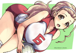 Rule 34 | 10s, 1girl, :d, ball, bare shoulders, blonde hair, blouse, breasts, character request, cleavage, girls und panzer, green eyes, holding, holding ball, large breasts, long hair, looking at viewer, open mouth, playing sports, sasaki akebi, shinshin, shirt, sleeveless, sleeveless shirt, smile, solo, sportswear, teeth, twitter username, volleyball, volleyball (object), volleyball uniform