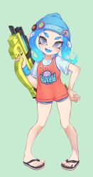 Rule 34 | 1girl, :d, badge, basketball jersey, beanie, black footwear, black shorts, blue hair, blue hat, button badge, dolphin shorts, eyes visible through hair, fang, finger on trigger, full body, green background, grey eyes, hat, hero shot (splatoon 2), highres, holding, jersey, jtveemo, legs apart, long hair, looking at viewer, nintendo, octoling, octoling girl, octoling player character, open mouth, pigeon-toed, sandals, shirt, short shorts, short sleeves, shorts, smile, solo, splatoon (series), splatoon 2, squid, standing, star (symbol), suction cups, t-shirt, tentacle hair, white shirt, wristband