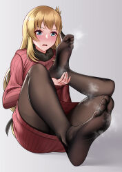 Rule 34 | 1girl, absurdres, blonde hair, blue eyes, blush, character request, copyright request, feet, highres, oirin, open mouth, pantyhose, solo, steam, toes