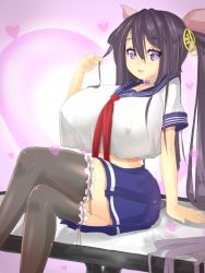 Rule 34 | 1girl, adjusting hair, ariane cevaille (silo9), breasts, covered erect nipples, crossed legs, hair ornament, hair ribbon, huge breasts, jewelry, long hair, looking at viewer, magister, necklace, open mouth, purple eyes, purple hair, ribbon, school uniform, serafuku, sitting, thighhighs