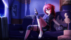 Rule 34 | 1girl, barefoot, black headband, black shirt, black shorts, blush, box, breasts, brick wall, cardboard box, closed mouth, commentary, commission, couch, curtains, drawstring, english commentary, feet out of frame, grey eyes, gun, headband, highres, holding, holding gun, holding weapon, indoors, katana, knee pads, knee up, long hair, looking at viewer, night, on couch, original, prophosphere, red hair, sheath, sheathed, shirt, short shorts, short sleeves, shorts, sitting, small breasts, smile, solo, sword, weapon, window