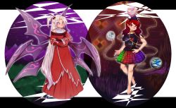 Rule 34 | 2girls, barefoot, chain, clothes writing, collar, demon wings, earth (ornament), hair ornament, hecatia lapislazuli, highres, middle finger, moon (ornament), multicolored clothes, multicolored skirt, multiple girls, muutzi, purple eyes, red eyes, red hair, robe, shinki (touhou), skirt, touhou, touhou (pc-98), white hair, wings