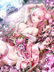 Rule 34 | 1girl, bad id, bad pixiv id, breasts, cleavage, dadachyo, female focus, flower, hair ornament, japanese clothes, large breasts, long hair, looking at viewer, lying, nail polish, pink eyes, pink hair, smile, solo, tenka touitsu chronicle