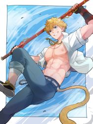 Rule 34 | 1boy, abs, bare pectorals, blonde hair, bow (weapon), grin, holding, holding bow (weapon), holding weapon, looking at viewer, male focus, monkey tail, nipples, open clothes, open shirt, pectorals, rwby, shirt, smile, solo, sun wukong (rwby), tail, torakichi (ebitendon), weapon