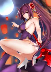 Rule 34 | 1girl, absurdres, ass, bare shoulders, breasts, china dress, chinese clothes, dress, fate/grand order, fate (series), flower, full moon, gae bolg (fate), hair flower, hair ornament, high heels, highres, large breasts, long hair, looking at viewer, moon, panties, parted lips, polearm, ponytail, purple hair, red eyes, sam desu, scathach (fate), shiny clothes, shiny skin, side slit, sideboob, solo, spear, squatting, underwear, very long hair, weapon, white panties