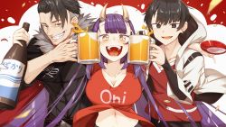 Rule 34 | 1girl, 2boys, absurdres, beer mug, black hair, blunt bangs, blush, bottle, breasts, cleavage, clothes writing, cluseller, commentary, commission, cup, english commentary, fangs, grin, heart, heart in mouth, highres, holding, holding cup, hood, hood down, hoodie, horns, indie virtual youtuber, large breasts, long hair, looking at viewer, mug, multiple boys, navel, oni, oni horns, onigiri (vtuber), open mouth, purple hair, rpr, sakazuki, sake bottle, scarz, second-party source, slit pupils, smile, teeth, tongue, upper body, very long hair, virtual youtuber, yellow eyes