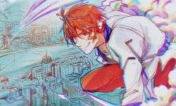 Rule 34 | arsloid, bandaid, bandaid on face, belt, cityscape, cloud, from above, headphones, jacket, lapels, male focus, misu (stepforme), noise, pants, red eyes, red hair, red pants, solo, vocaloid, white jacket, wind, zipper