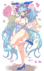 Rule 34 | .live, 1girl, animal ears, blue footwear, blue hair, blush, breasts, elbow gloves, fake animal ears, flower, full body, gloves, hair over one eye, high heels, highres, large breasts, leotard, long hair, one eye covered, parted lips, playboy bunny, ponytail, rabbit ears, red eyes, sleeveless, smile, solo, standing, standing on one leg, thighs, very long hair, virtual youtuber, wakura (gcdan), white gloves, yamato iori